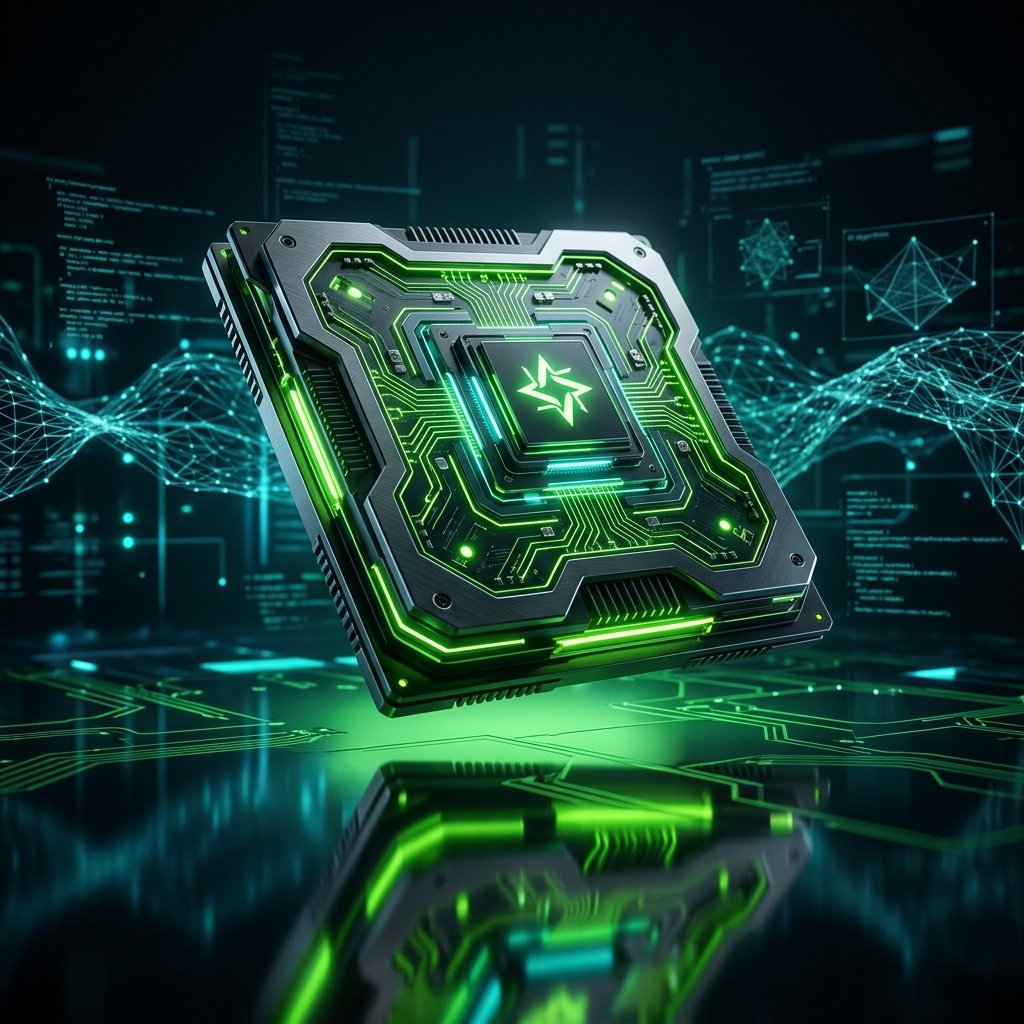 Representação artística do superchip NVIDIA RTX Spark com circuitos verdes brilhantes em ambiente futurista